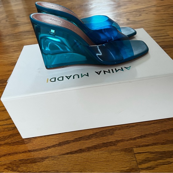 😊SOLD😊Amina Muaddi Blue Lupita Glass Wedge Heeled Sandals in 39 - Picture 5 of 15